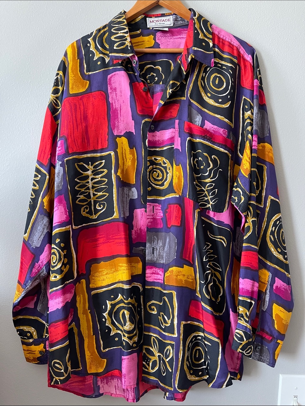 Montage 100% Silk Vintage Bold Abstract Print Button-Up Shirt - XL